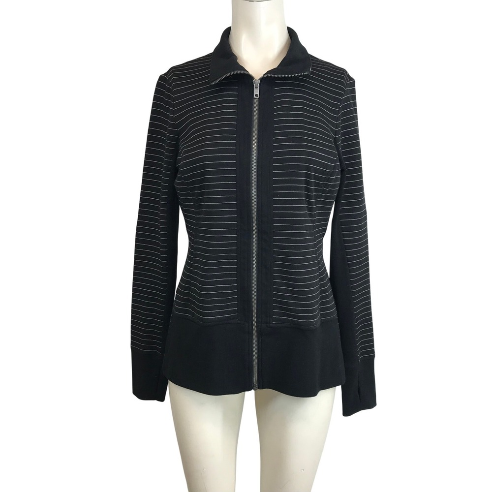 Cabi Womens Black White Striped Full Zip Jacket Thumbholes Style 3378 XS